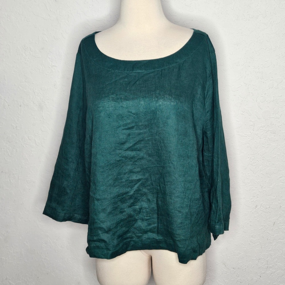 Isaac Mizrahi New York Womens XL Emerald Green 100% Linen 3/4 Sleeve Blouse Top